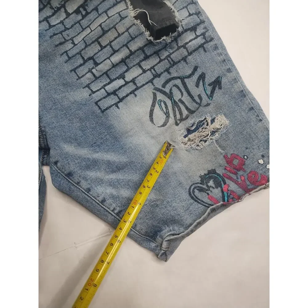 🔥 Rutherford • Distressed Graffiti Denim Slim Fit Blue Jeans Shorts • Men’s 38
